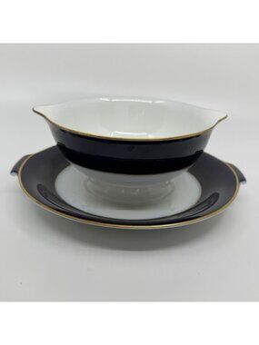 Rosenthal Classic Rose Cobalt Blue Gold Gravy Boat Attached Underplate Germany